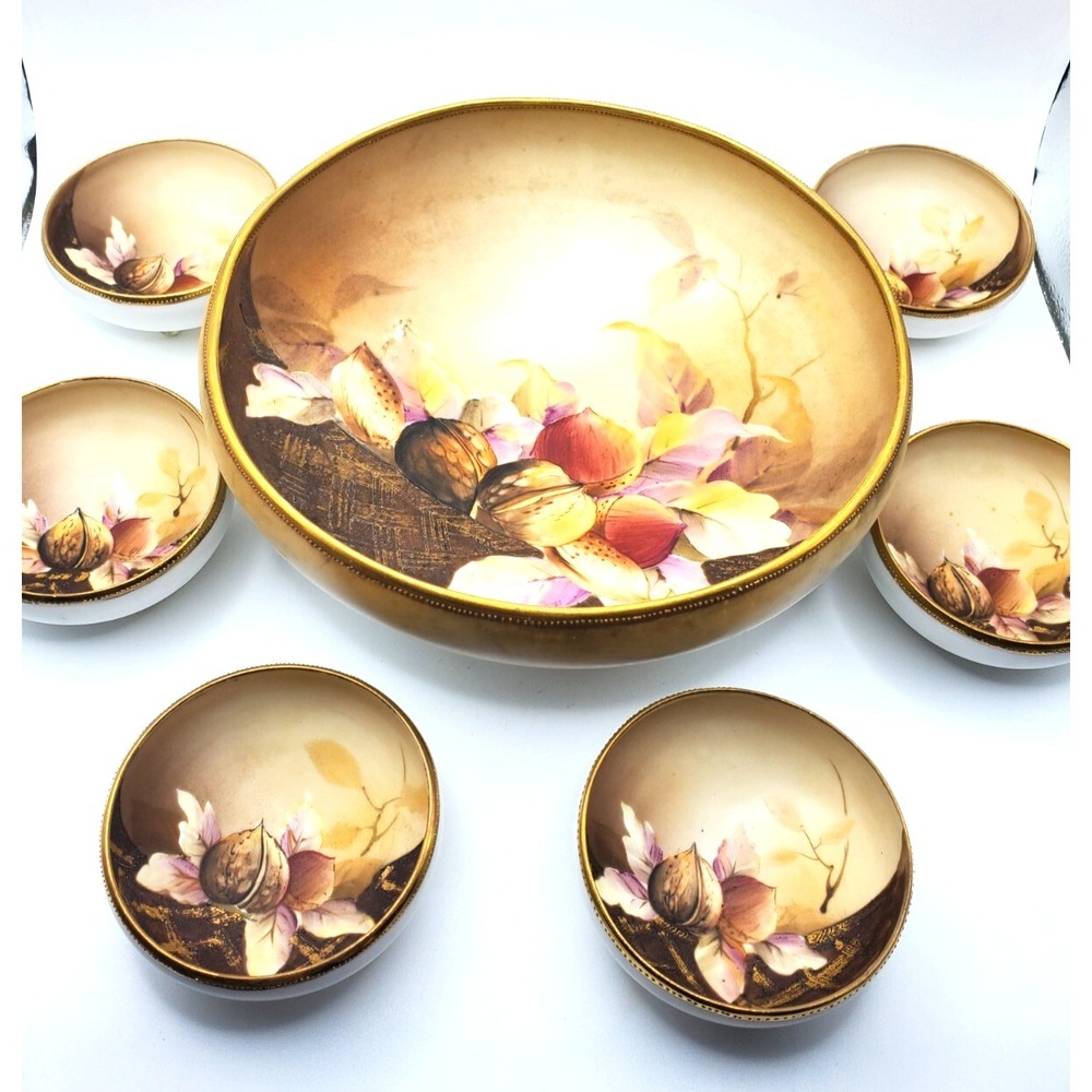 Vintage Nippon Morimura Bros 7 pc Autumn Nut Bowl Set Hand Painted Bun Feet